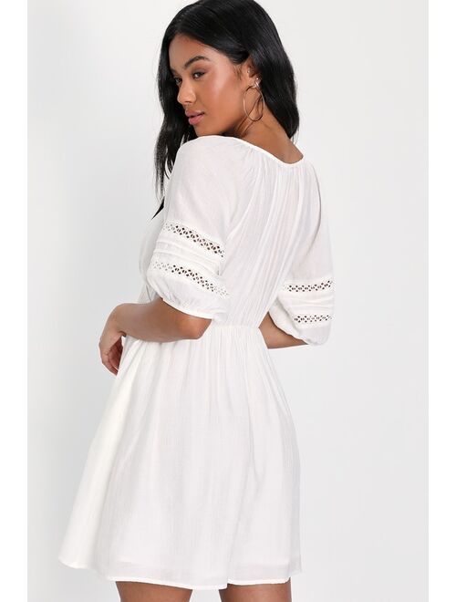 Lulus Look to Love White Crochet Button-Front Mini Dress With Pockets
