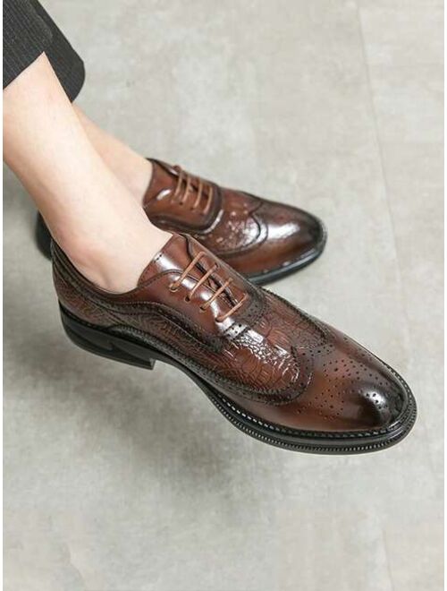 HaichuanMyshop Shoes Business Brown Oxford Shoes For Men, Crocodile Embossed Lace Up Dress Shoes
