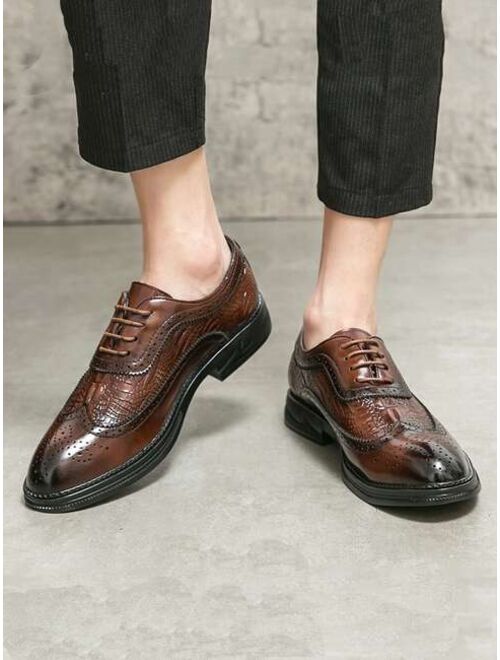 HaichuanMyshop Shoes Business Brown Oxford Shoes For Men, Crocodile Embossed Lace Up Dress Shoes