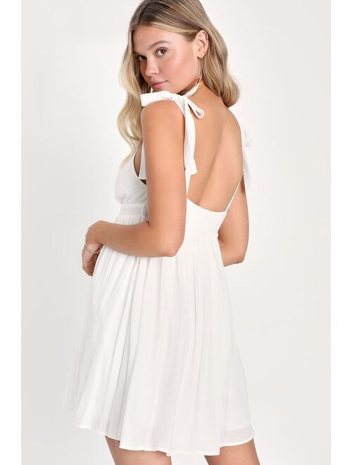 Lulus Delightfully Dainty White Linen Tie-Strap Babydoll Mini Dress