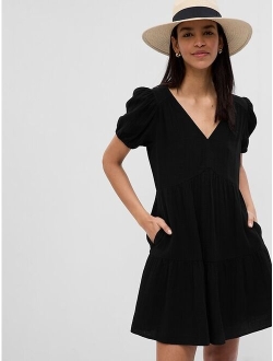 Crinkle Gauze Puff Sleeve Tiered Mini Dress