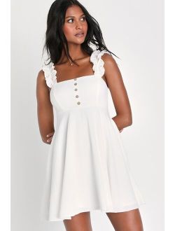 Simply Dainty White Ruffled Button-Front Mini Dress With Pockets