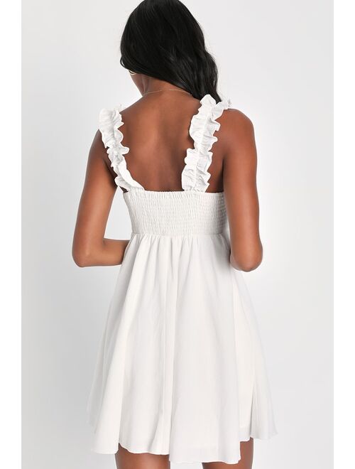 Lulus Simply Dainty White Ruffled Button-Front Mini Dress With Pockets