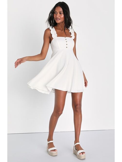 Lulus Simply Dainty White Ruffled Button-Front Mini Dress With Pockets