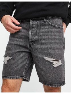 Intelligence loose fit denim shorts with rips in washed black