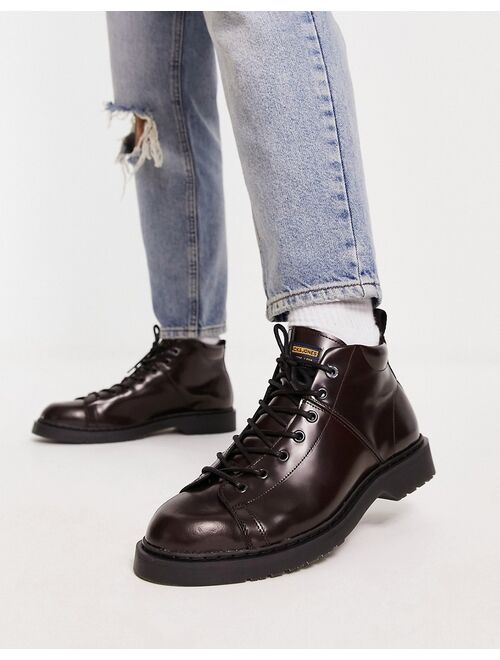 Jack & Jones leather lace up boot in burgundy