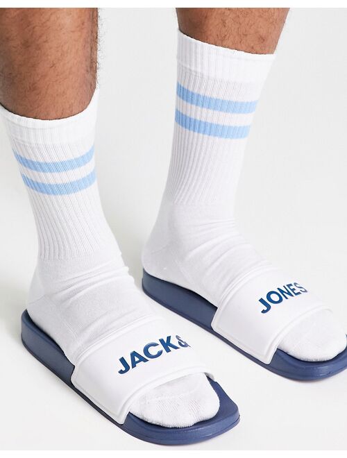 Jack & Jones slider with branded strap in blue and white blocking