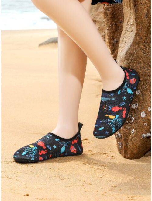 Wisen Shoes Sporty Aqua Socks For Boys, Cartoon Fish Pattern Contrast Binding Water Shoes