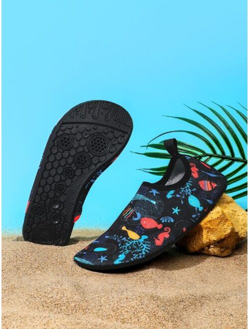 Wisen Shoes Sporty Aqua Socks For Boys, Cartoon Fish Pattern Contrast Binding Water Shoes