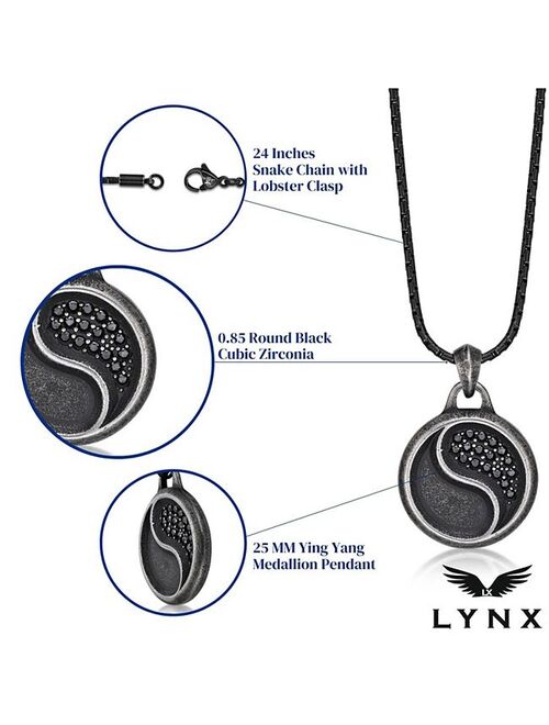 Men's LYNX Black Ion Plated Stainless Steel Black Cubic Zirconia Yin Yang Pendant Necklace