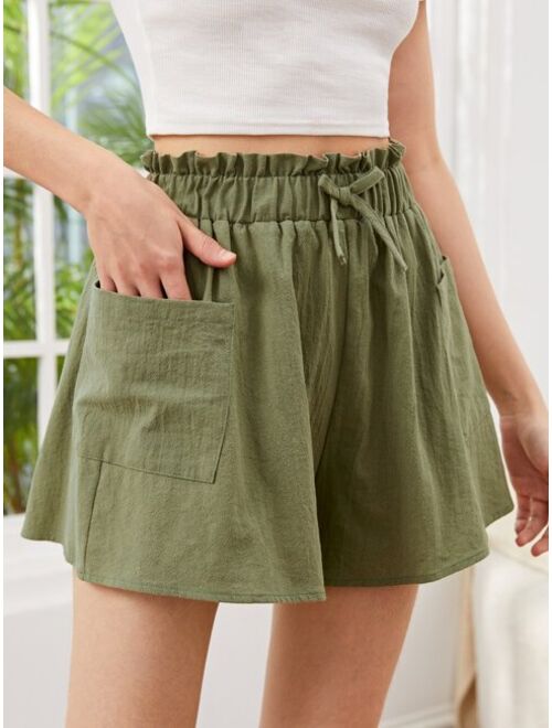 SHEIN Teen Girls Paperbag Waist Knot Front Dual Pocket Shorts