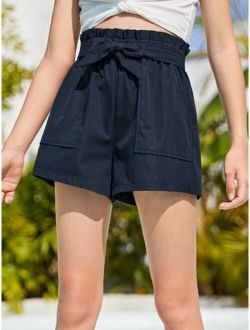 Teen Girls Paperbag Waist Belted Shorts