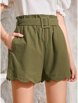 Teen Girls Paperbag Waist Scallop Trim Buckle Belted Shorts