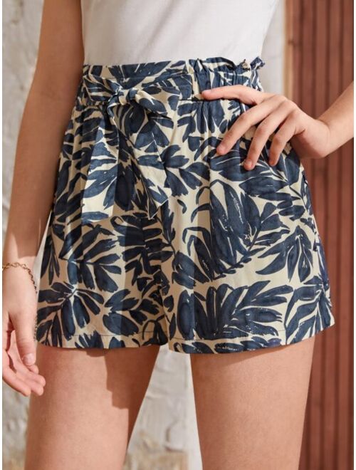 SHEIN Teen Girls Tropical Print Paperbag Waist Belted Shorts