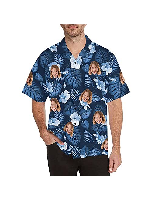 DIYKST Custom Face Hawaiian Shirts for Men Personalized Tropical Flower Palm Leaf Print Short Sleeve Beach Aloha Shirt