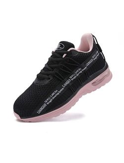 LIANGGO Steel Toe Shoes for Women Wide Width Lightweight Breathable Air Cushion Safety Toe Tennis Shoes Slip Resistant Puncture Proof Work Shoes Pink