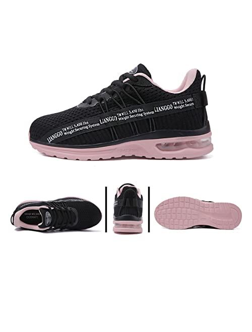 LIANGGO Steel Toe Shoes for Women Wide Width Lightweight Breathable Air Cushion Safety Toe Tennis Shoes Slip Resistant Puncture Proof Work Shoes Pink