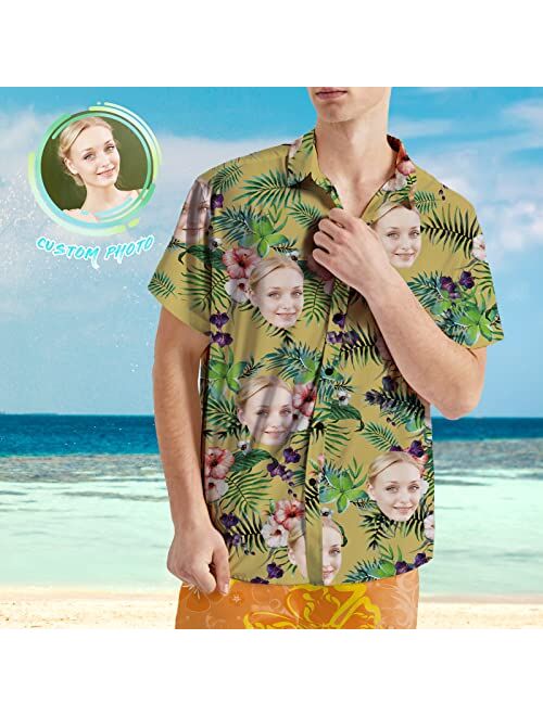 Veelu Custom Face Flamingo Hawaiian Shirt for Men Tropical Floral Shirt Short Sleeve Button Down Shirts Aloha Beach Shirt
