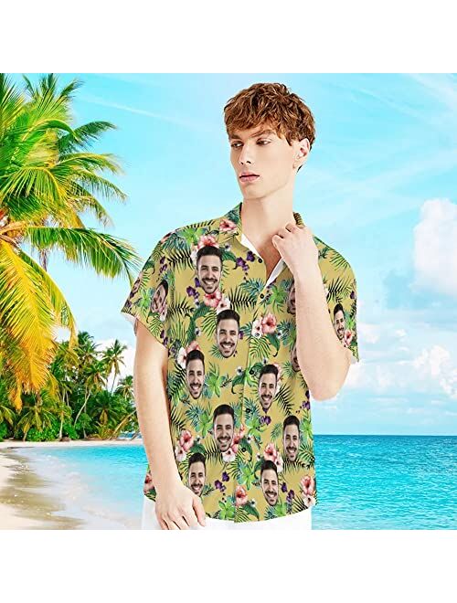 Veelu Custom Face Flamingo Hawaiian Shirt for Men Tropical Floral Shirt Short Sleeve Button Down Shirts Aloha Beach Shirt