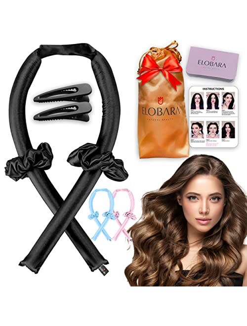 Elobara Heatless Hair Curler for Long Hair, No Heat Silk Curling Ribbon Rods with Hair Claw Clip-Curling Ribbon and Flexi Rods DIY Hair Styling Tools for Natural Hair (Pi
