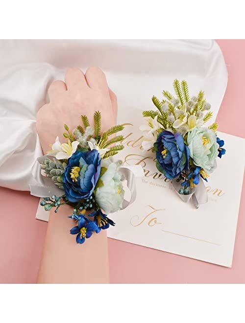 URROMA Boutonnieres and Corsages, 2 Pcs Blue Corsage Flower Wrist Corsage and Boutonniere Set Flowers Accessories for Wedding Prom Men and Women Decoration