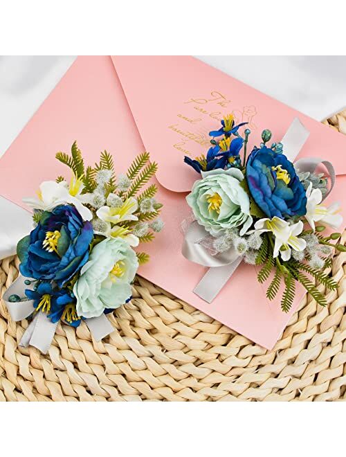 URROMA Boutonnieres and Corsages, 2 Pcs Blue Corsage Flower Wrist Corsage and Boutonniere Set Flowers Accessories for Wedding Prom Men and Women Decoration