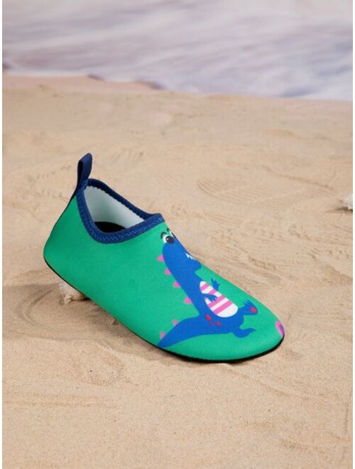 JackRabbitBear Shoes Sporty Green Aqua Socks For Boys, Cartoon Dinosaur Pattern Contrast Binding Fabric Water Shoes