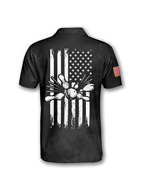 PRIMESTY Custom Bowling Shirts for Men, Patriotic American Flag Bowling Jerseys, Personalized Bowling Polo Shirts