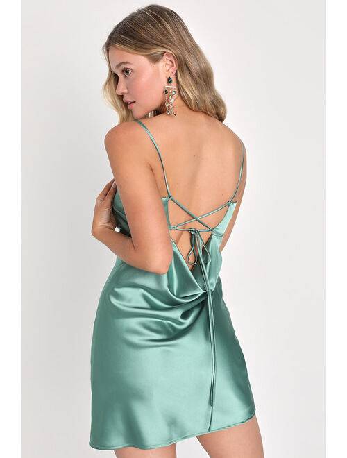 Lulus Chic Allure Sage Green Satin Lace-Up Mini Slip Dress