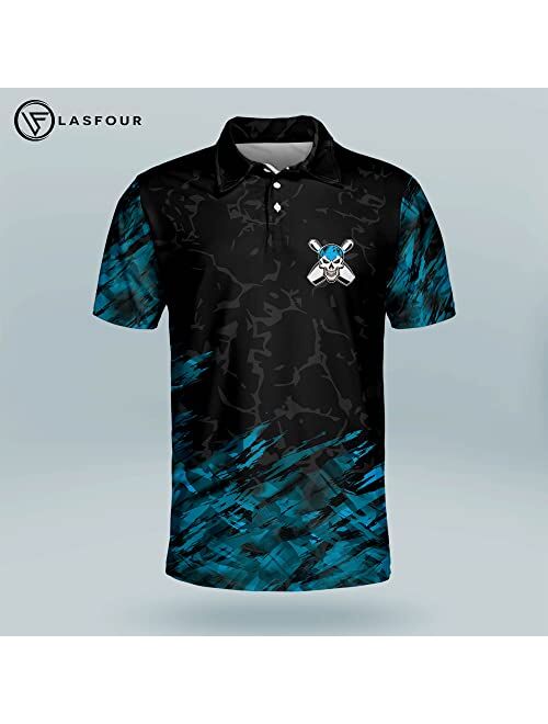 LASFOUR Custom Skull Bowling Shirts for Men, Men's Bowling Shirts Short Sleeve Polo, Crazy Bowling Team Shirts
