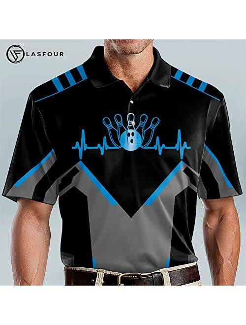 LASFOUR Custom Bowling Shirts for Men, Men's Bowling Polo Shirts Short Sleeve, Crazy Bowling Team Shirts for Men and Women