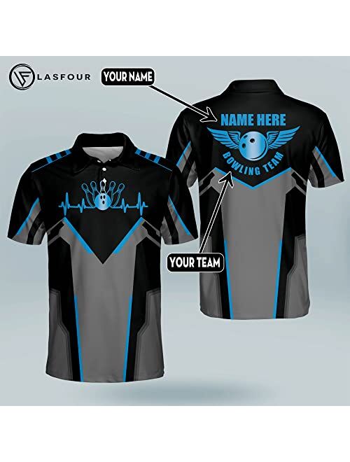 LASFOUR Custom Bowling Shirts for Men, Men's Bowling Polo Shirts Short Sleeve, Crazy Bowling Team Shirts for Men and Women