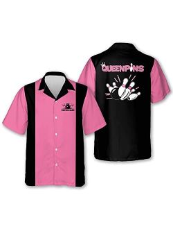 LASFOUR Personalized Pink Bowling Shirts for Women, Custom Vintage Bowling Button-Down Short Sleeve Hawaiian Shirts for Women