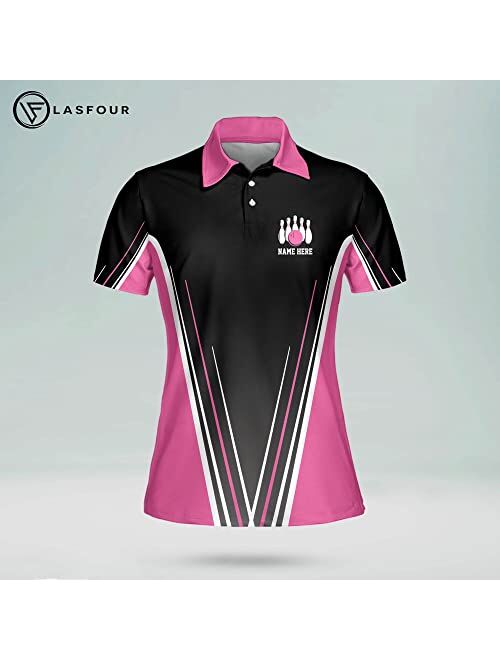 LASFOUR Personalized 3D Retro Bowling Shirts for Women, Pink Bowling Shirt, Custom Bowling Jerseys Shirt for Women
