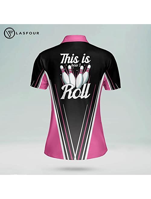 LASFOUR Personalized 3D Retro Bowling Shirts for Women, Pink Bowling Shirt, Custom Bowling Jerseys Shirt for Women