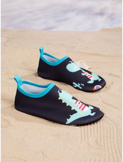 JackRabbitBear Shoes Sporty Black Aqua Socks For Boys, Cartoon Dinosaur Pattern Contrast Binding Fabric Water Shoes