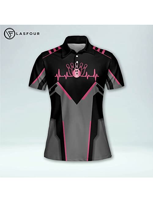 LASFOUR Personalized 3D Funny Pink Bowling Shirts for Women, Custom Bowling Team Shirts for Women, Women Bowling Jerseys