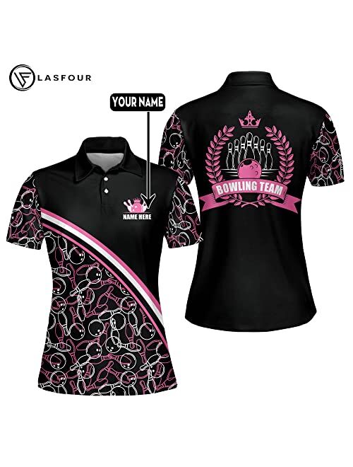 LASFOUR Personalized 3D Funny Pink Bowling Shirts for Women, Custom Pink Bowling Team Jerseys Shirt for Women