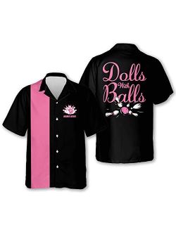 LASFOUR Personalized Pink Bowling Shirts for Women Retro, Custom 3D Bowling Button-Down Short Sleeve Hawaiian Shirts