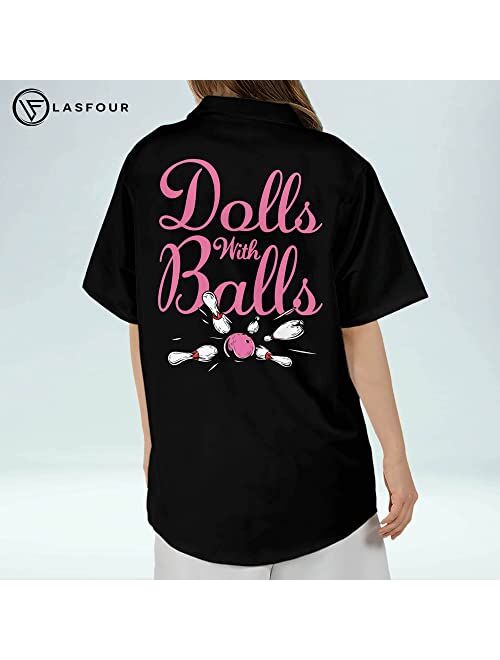 LASFOUR Personalized Pink Bowling Shirts for Women Retro, Custom 3D Bowling Button-Down Short Sleeve Hawaiian Shirts