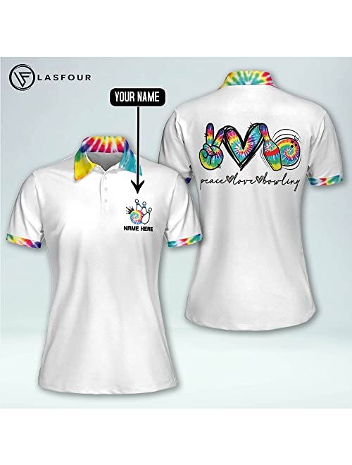 LASFOUR Personalized 3D Peace Love Bowling Tie Dye Cute Bowling Shirts for Women, Gift for Bowling Lovers