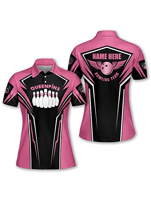 LASFOUR Personalized 3D Bowling Team Shirts for Women, Custom Quick-Dry Bowling Shirts Short Sleeve Polo for Girls