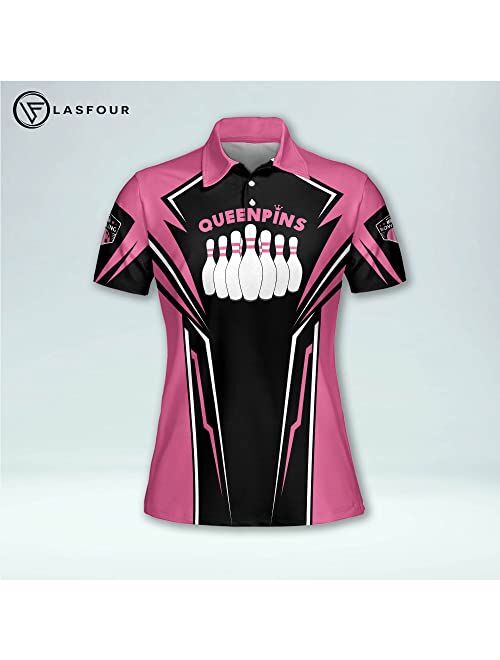 LASFOUR Personalized 3D Bowling Team Shirts for Women, Custom Quick-Dry Bowling Shirts Short Sleeve Polo for Girls