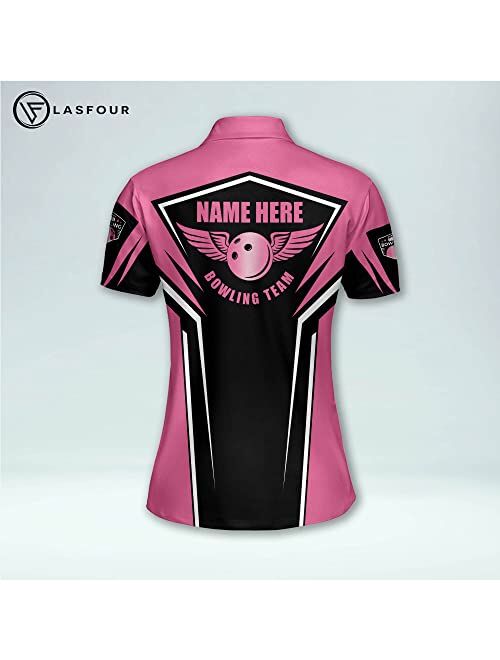 LASFOUR Personalized 3D Bowling Team Shirts for Women, Custom Quick-Dry Bowling Shirts Short Sleeve Polo for Girls
