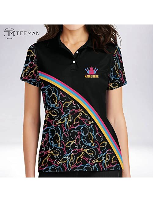 TEEMAN Personalized 3D Funny Bowling Shirts for Women, Custom Quick-Dry Bowling Shirts Short Sleeve Polo for Girls