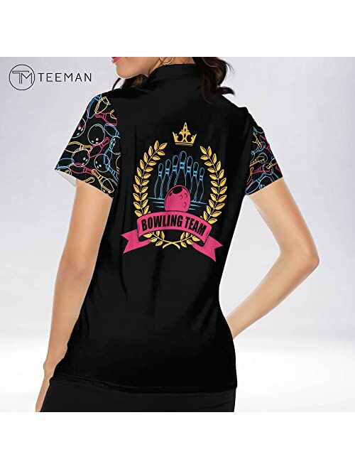 TEEMAN Personalized 3D Funny Bowling Shirts for Women, Custom Quick-Dry Bowling Shirts Short Sleeve Polo for Girls