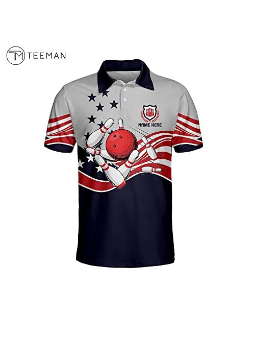 TEEMAN Custom Patriotic Funny Bowling Shirt with Name, American Flag Men's Bowling Team Shirts Short Sleeve for Men and Women