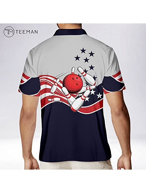 TEEMAN Custom Patriotic Funny Bowling Shirt with Name, American Flag Men's Bowling Team Shirts Short Sleeve for Men and Women