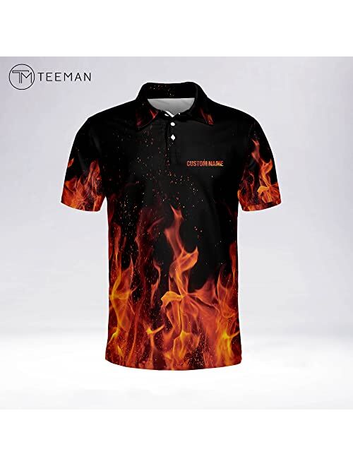 TEEMAN Custom Flame Bowling Shirt for Men with Name, Men's Fire Bowling Shirt Short Sleeve Polo, Team Bowling Shirt for Men