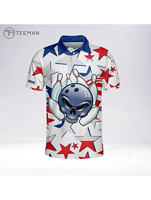 TEEMAN Custom Bowling Shirt with Name, American Flag Men's Funny Crazy Bowling Team Shirts Short Sleeve for Men and Women